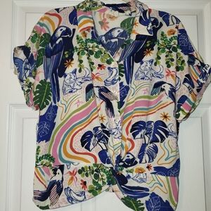 Sunburst Kiss Cat Print Blouse‎ Women's Size XL Colorful Bright Cat Parrot Rayon
